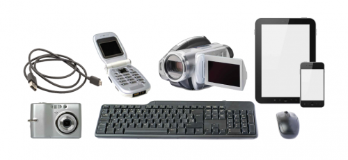 Group of small electronic waste items. Includes a cellphone, computer mouse, keyboard and cable, tablet, camera and video recorder.